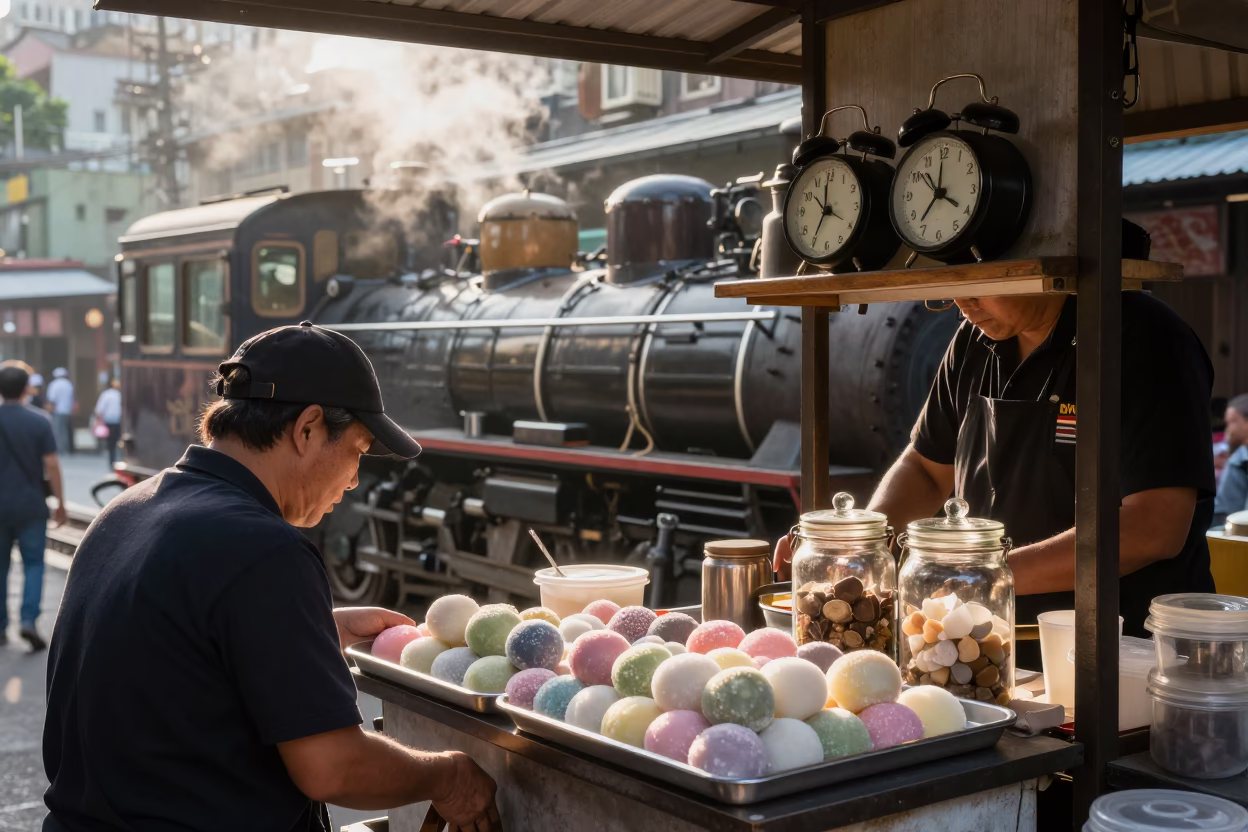 Taipei Street Breakfast Stall Just After Sunrise with Steam Train and Vintage Details in in Taipei, Taiwan