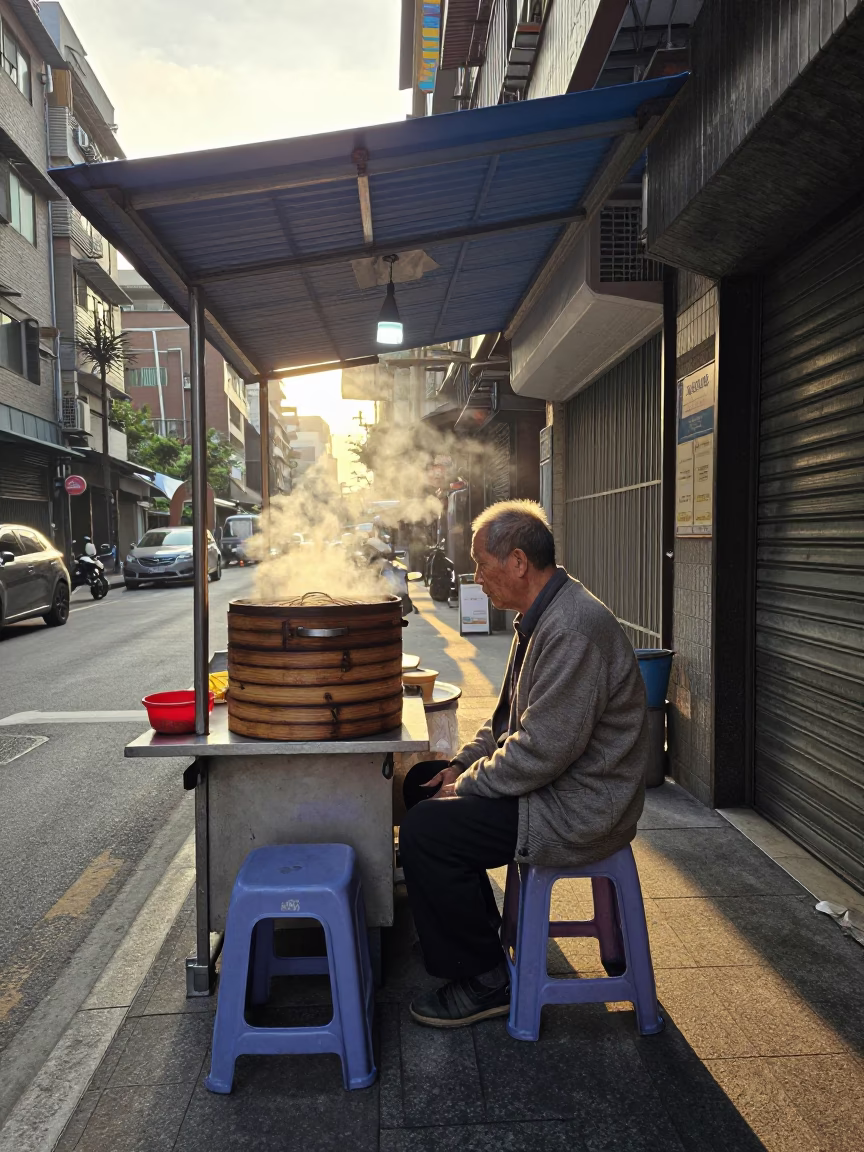Taipei Street Breakfast Stall Morning Light with Bamboo Steamer and Newspaper Reading in in Taipei, Taiwan