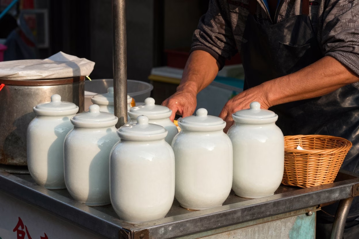 Taipei Street Breakfast Stall with Porcelain Jars and Wicker Hamper at Sunrise in in Taipei, Taiwan