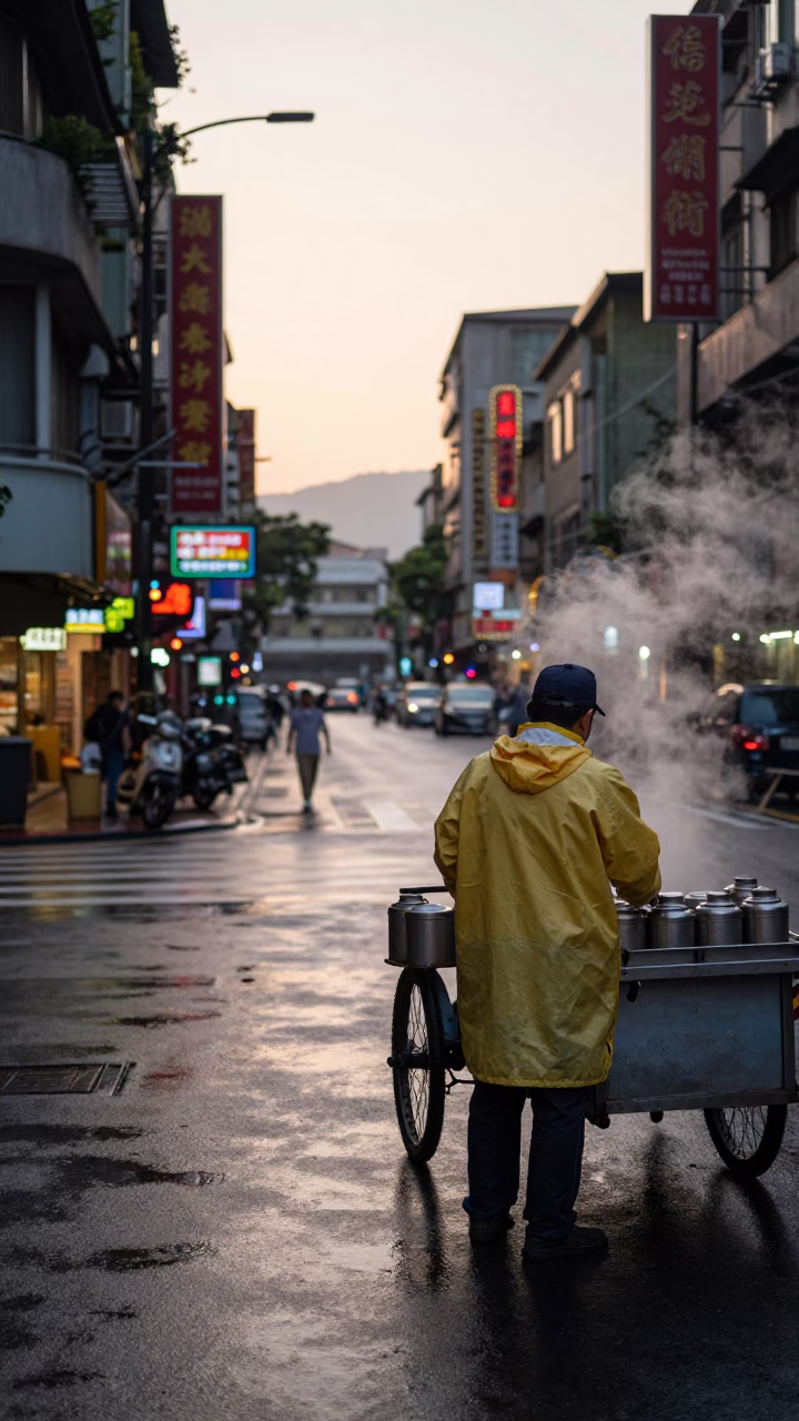 Taipei street corner after sunrise with tea canister and mineral rings on kettle lid in in Taipei, Taiwan