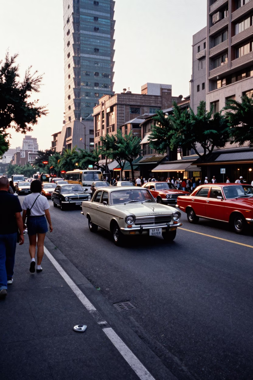Taipei Street Corner Afternoon View of Vintage Car Rally and Local Traffic in Taiwan in in Taipei, Taiwan