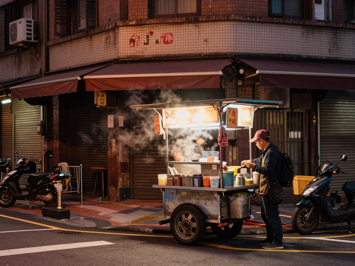 Taipei Street Corner at Copper-toned Light Before Dusk in in Taipei, Taiwan
