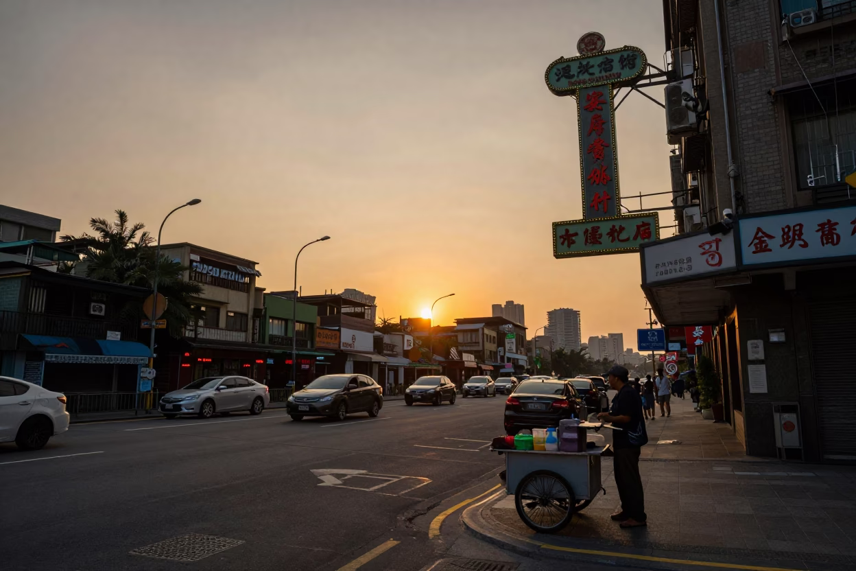 Taipei street corner at dusk with vintage neon signs and evening traffic in in Taipei, Taiwan