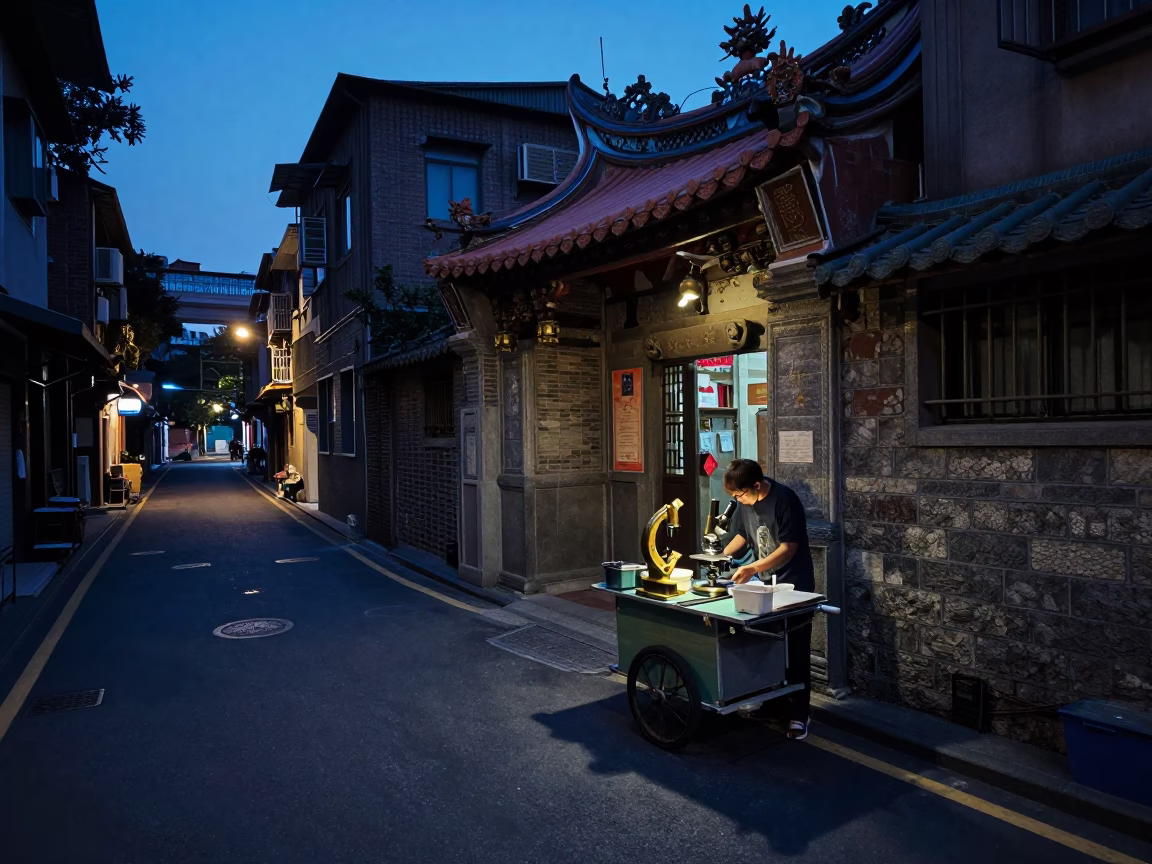 Taipei Street Corner Before Dawn With Vintage Brass Microscope And Glass Jar in in Taipei, Taiwan