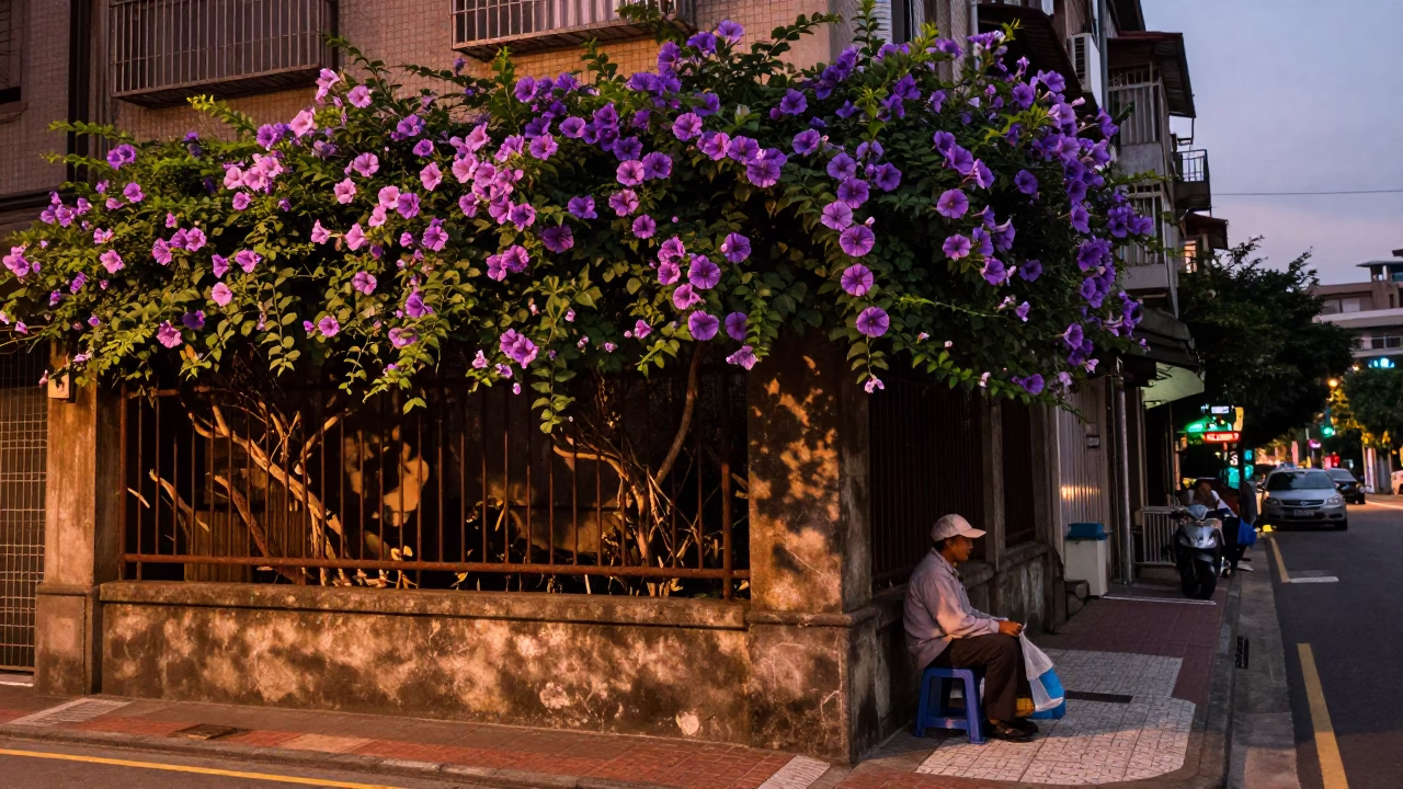 Taipei Street Corner Before Dusk with Morning Glory Vine and Hand Broom in in Taipei, Taiwan