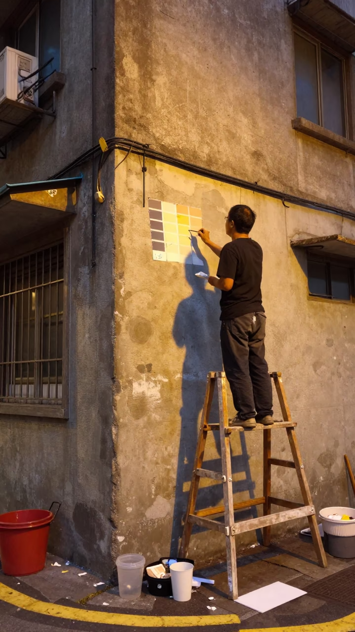 Taipei street corner evening light with muralist painting sample swatches on scaffold in in Taipei, Taiwan