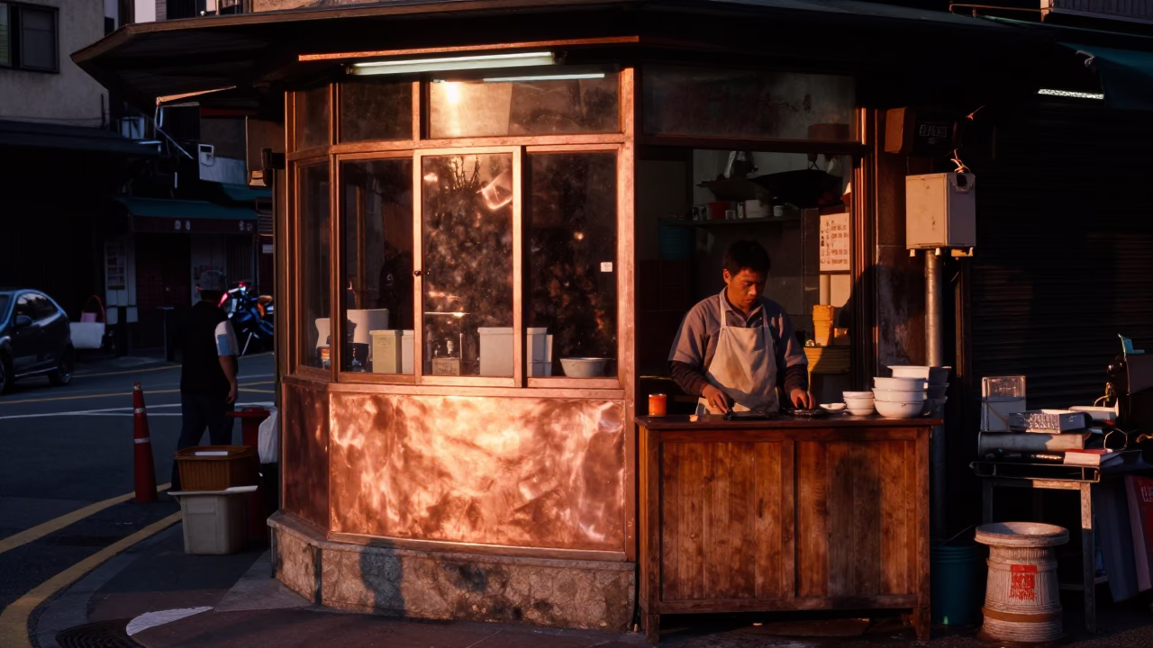 Taipei Street Corner Evening Scene with Apron and Window Light Before Dusk in in Taipei, Taiwan