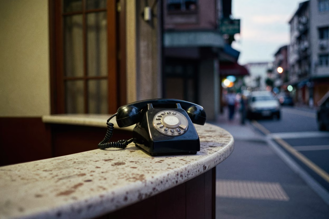 Taipei Street Corner Evening Scene with Vintage Bakelite Telephone and Gardenia Bush in in Taipei, Taiwan