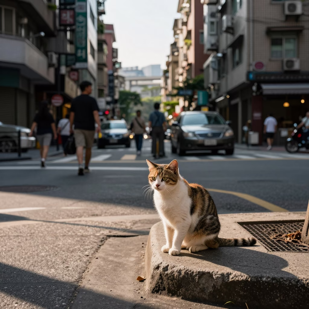 Taipei Street Corner Late Afternoon Light with Toybob Cat and Chalkboard Menu in in Taipei, Taiwan