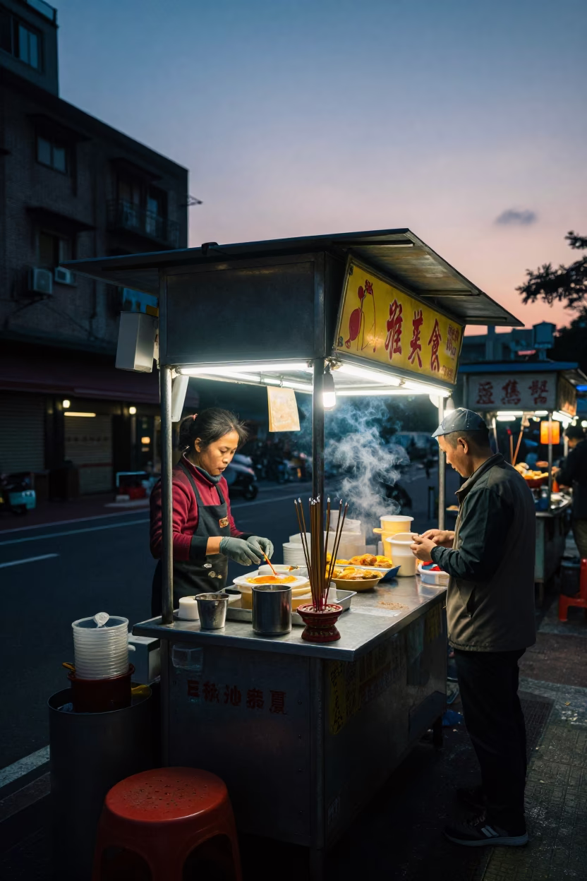 Taipei Street Food Stall Before Sunrise with Incense and Night Market Ambience in in Taipei, Taiwan