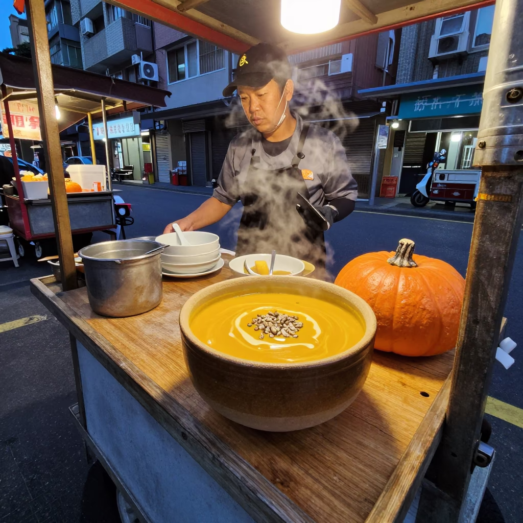 Taipei Street Food Stall Evening Scene with Pumpkin Soup and Tea Stains in in Taipei, Taiwan