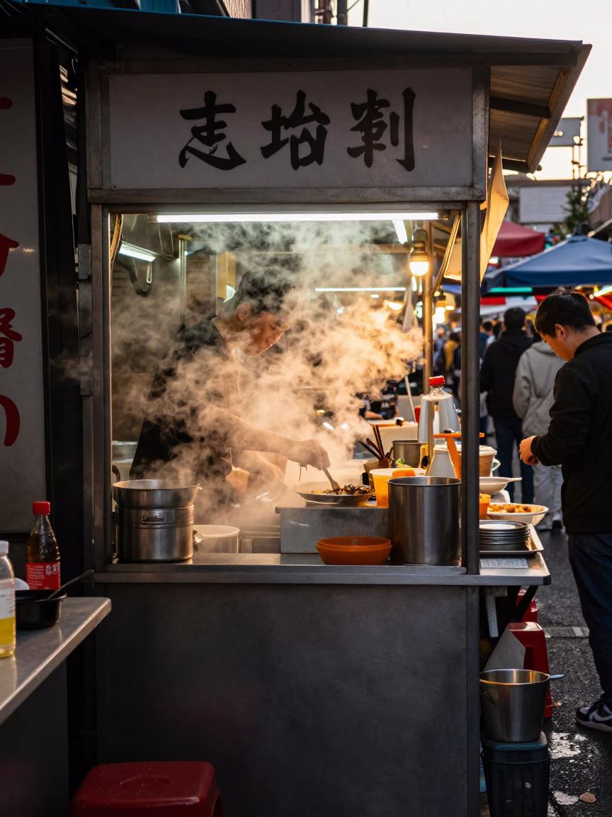 Taipei Street Food Stall Golden Hour Steam and Busy Night Market Scene in in Taipei, Taiwan