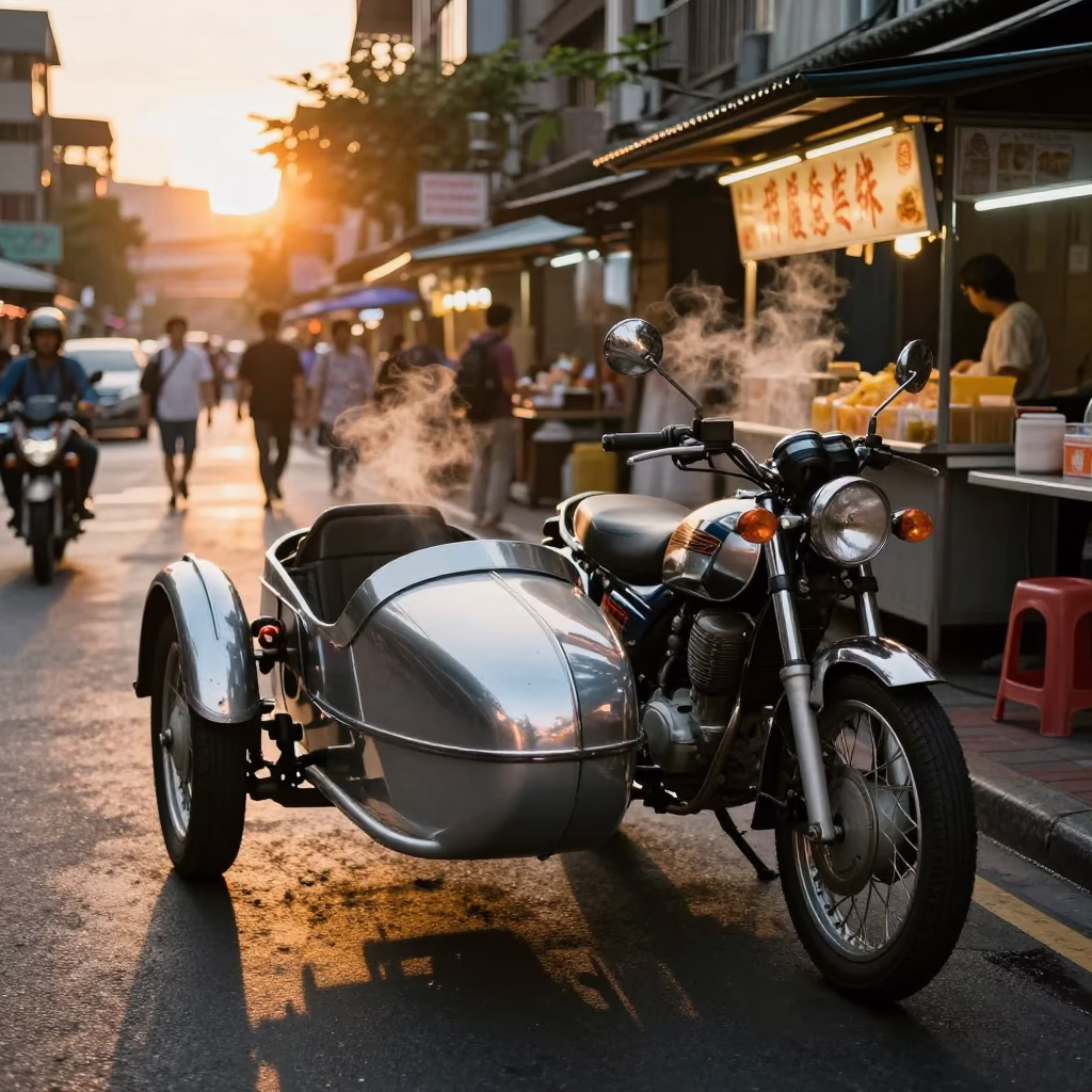 Taipei Street Food Stall Sunset with Vintage Motorcycle Sidecar and Neon Lights in in Taipei, Taiwan