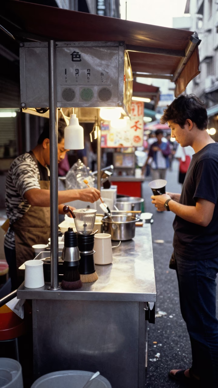 Taipei Street Food Stall with Coffee Grinder and Brushed Steel Cabinet During Early Afternoon in in Taipei, Taiwan