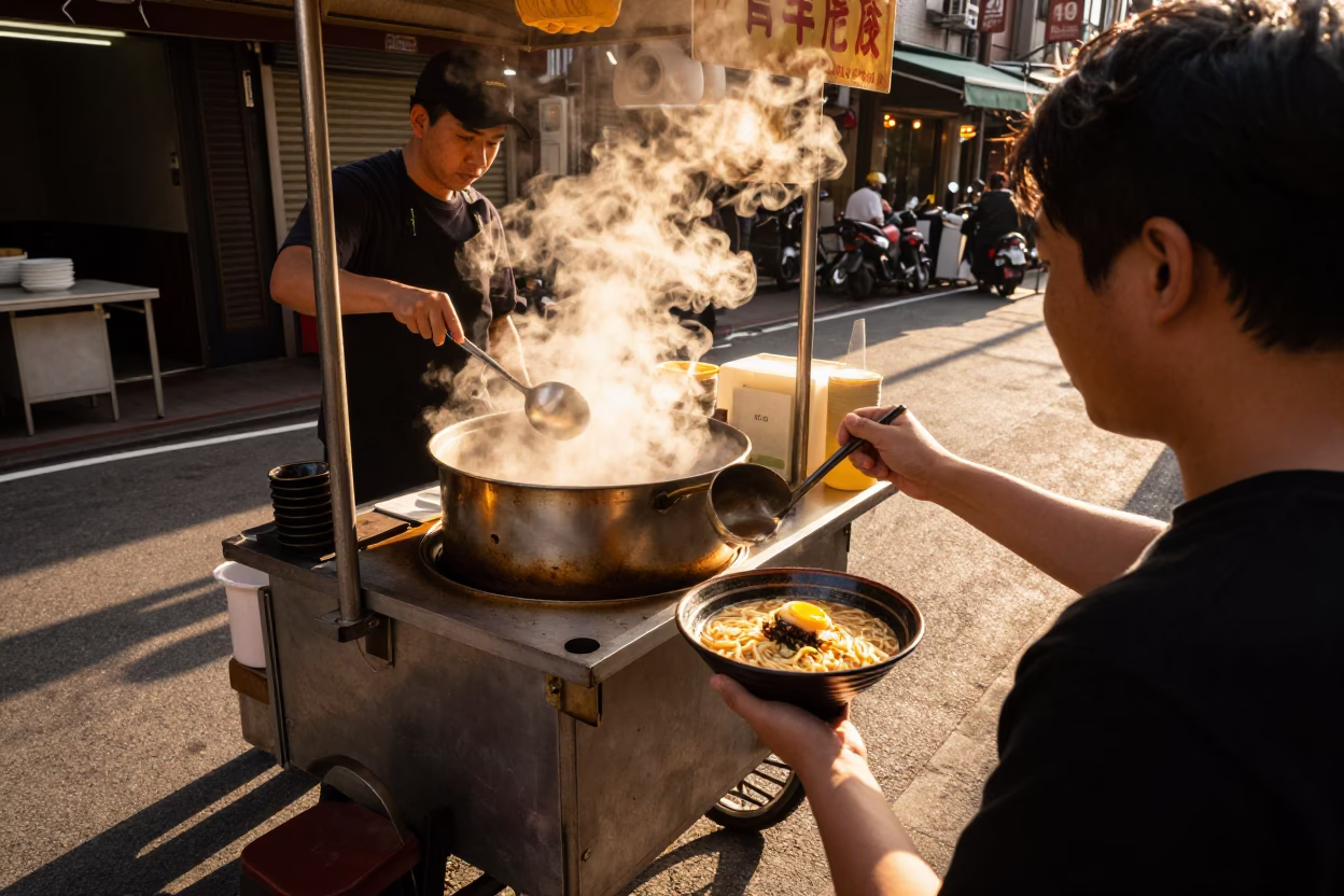 Taipei street food stall with ramen and egg in honeyed evening light in in Taipei, Taiwan