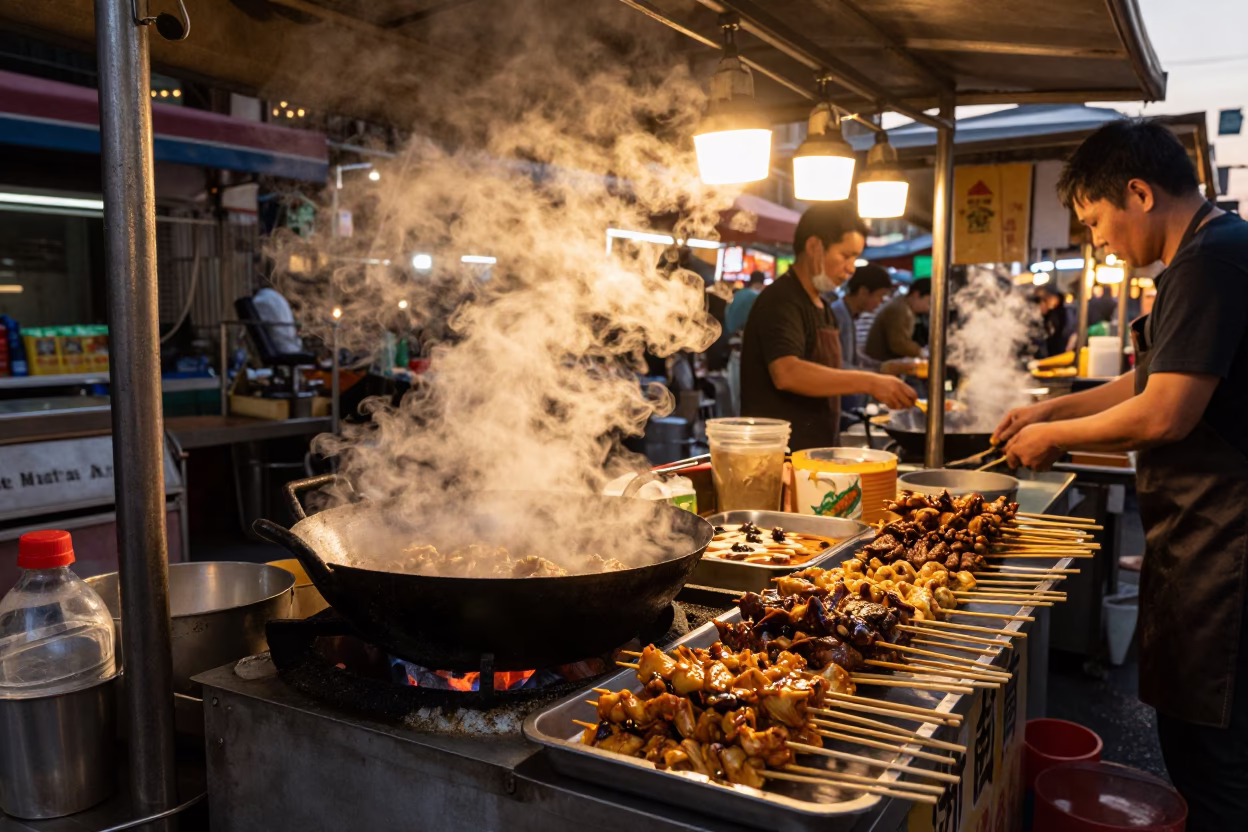 Taipei Street Food Stall with Sate Skewers and Mastiff at Golden Hour in in Taipei, Taiwan