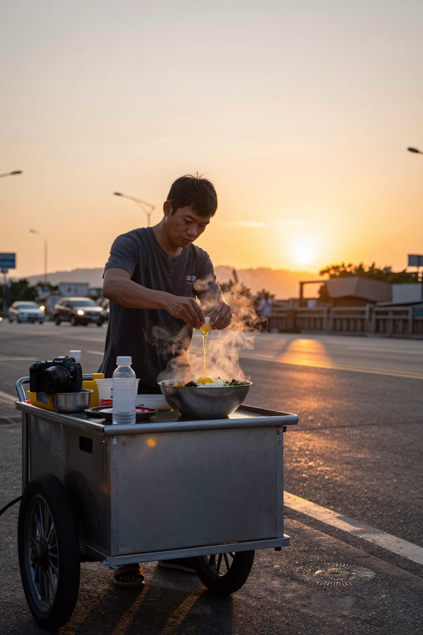 Taipei street food vendor preparing bibimbap with raw egg under fading sunset light in in Taipei, Taiwan