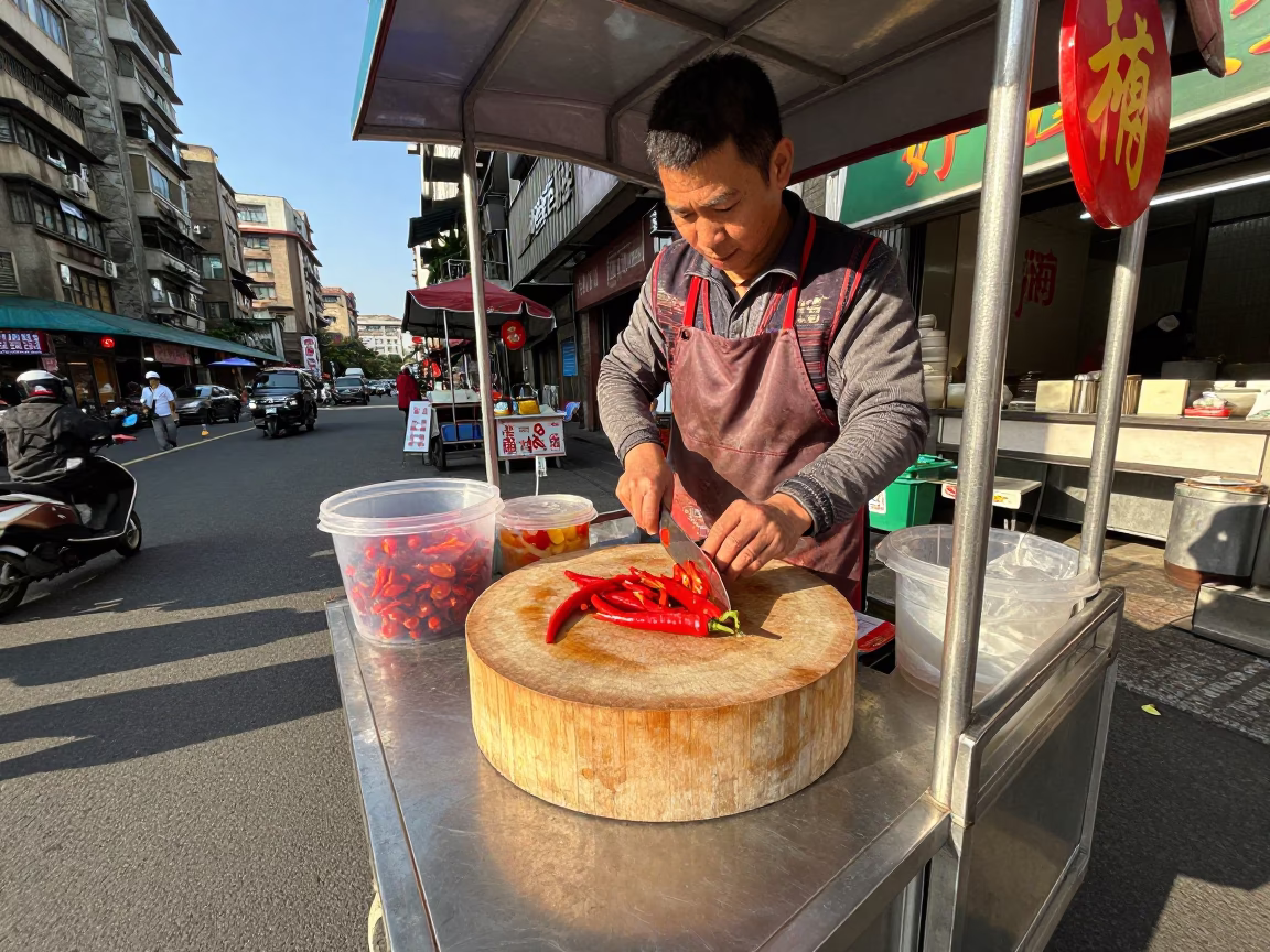 Taipei street food vendor preparing chili peppers in clear late afternoon light in in Taipei, Taiwan