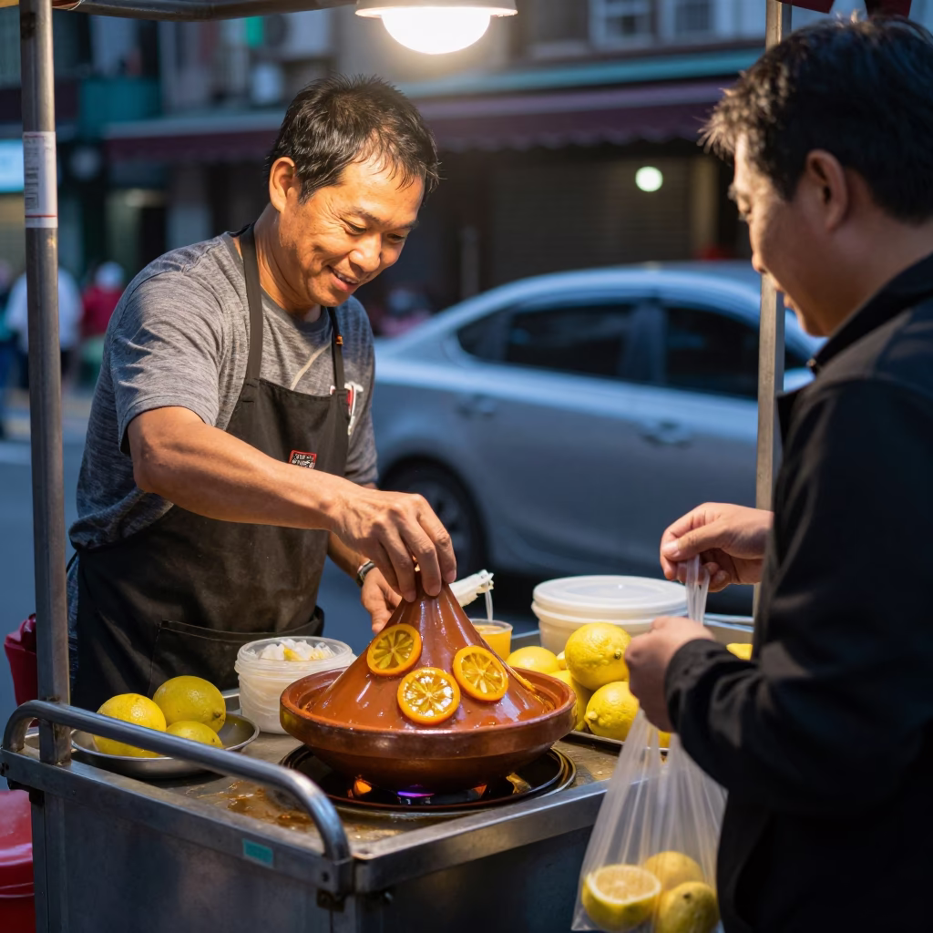 Taipei street food vendor preparing tagine with preserved lemons at dusk in in Taipei, Taiwan