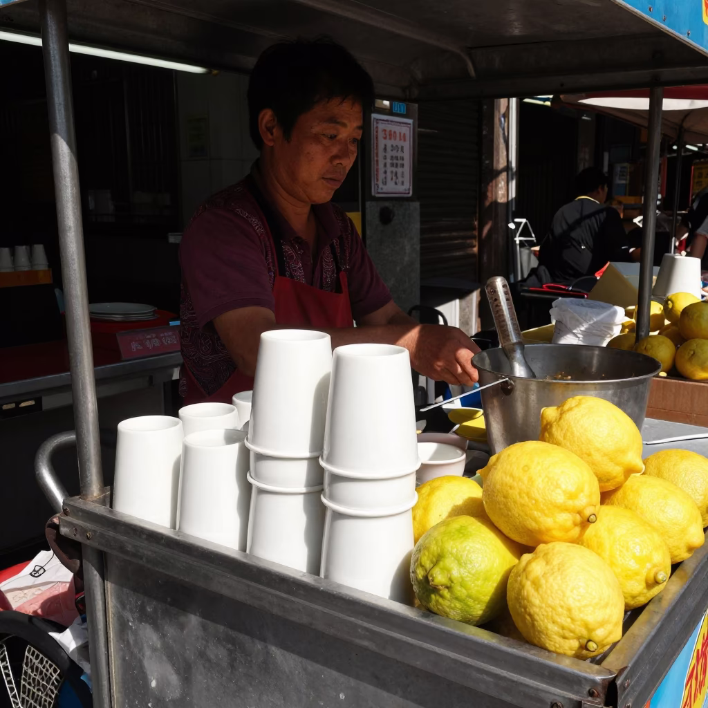 Taipei street food vendor selling ceramic cups and lemons under noon glare in in Taipei, Taiwan