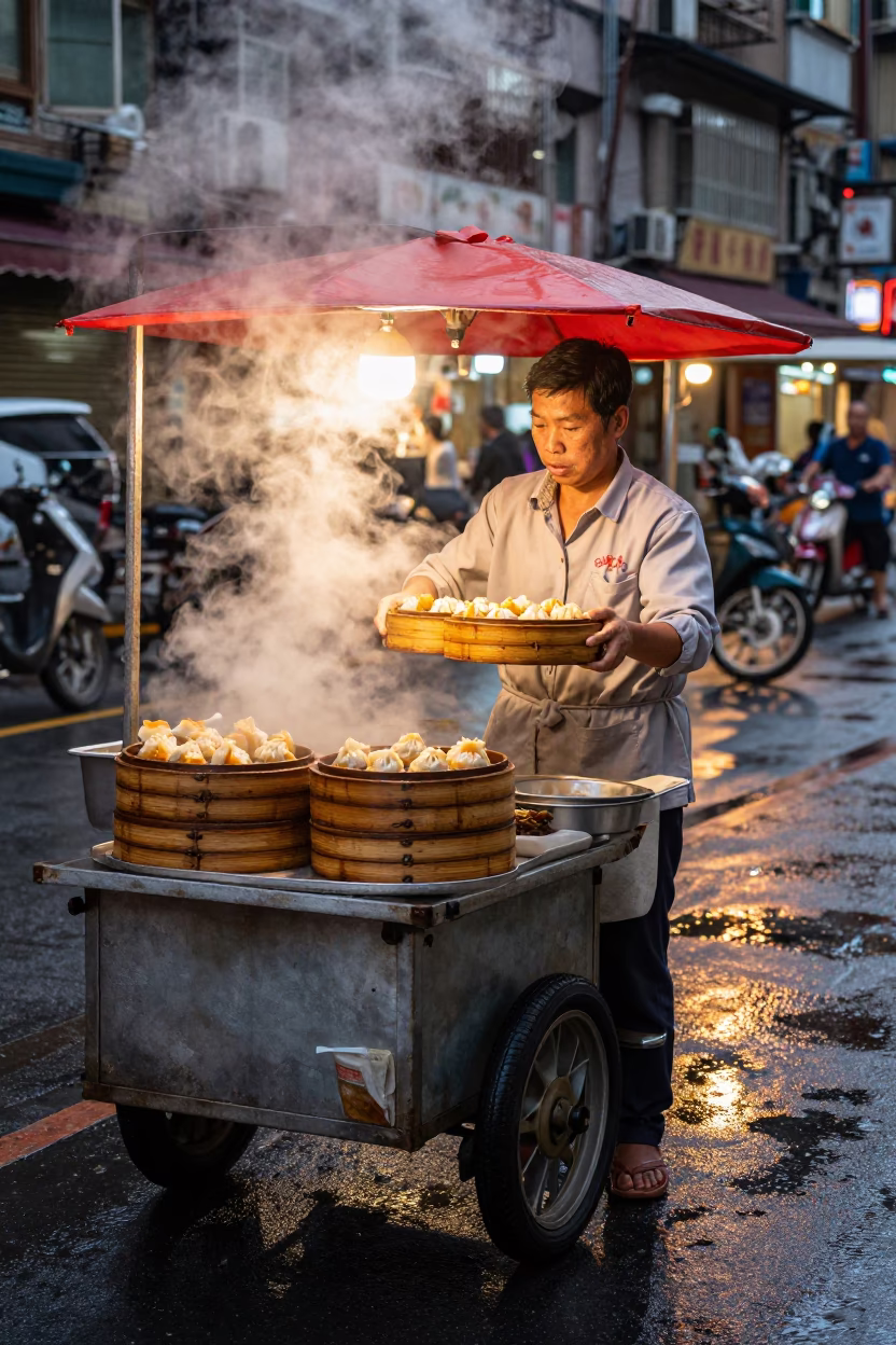 Taipei Street Food Vendor Selling Dim Sum in Honeyed Evening Light 1970s Style in in Taipei, Taiwan