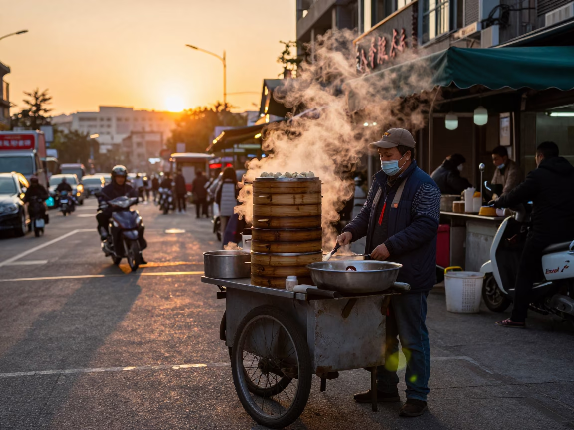 Taipei Street Food Vendor Selling Dim Sum Steamers at Sunset in in Taipei, Taiwan