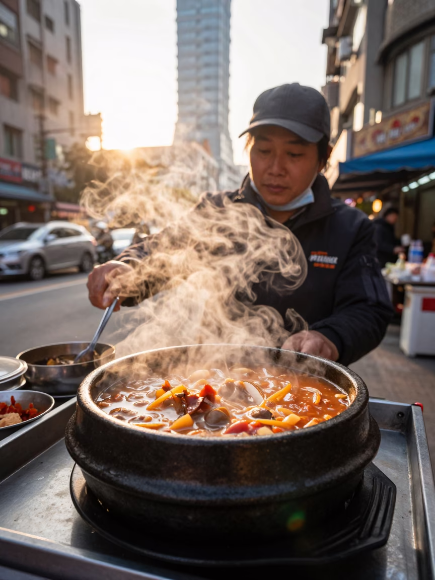 Taipei Street Food Vendor Selling Korean Army Stew Bubbling Over Stone Bowl at Sunrise in in Taipei, Taiwan