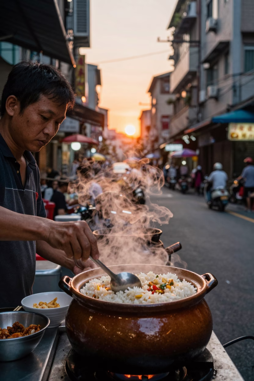 Taipei street food vendor serving claypot rice with Chinese sausage at dusk in in Taipei, Taiwan