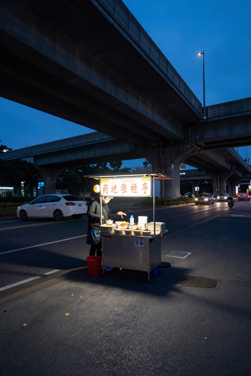 Taipei street food vendor serving panna cotta under blue hour flyover shadows in in Taipei, Taiwan