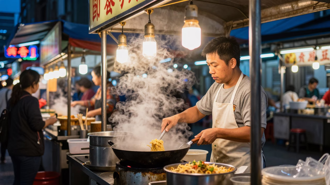 Taipei street food vendor serving steaming noodles under neon lights during indigo twilight in in Taipei, Taiwan