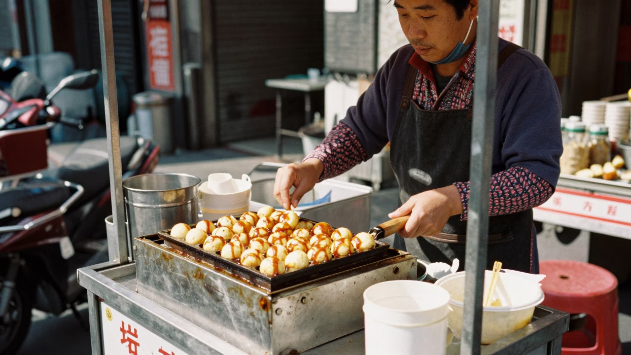 Taipei street food vendor serving takoyaki on a busy midmorning street in Taiwan in in Taipei, Taiwan