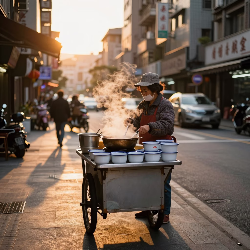 Taipei Street Food Vendor Steaming Hotpot and Enamel Bowls at Golden Hour in in Taipei, Taiwan