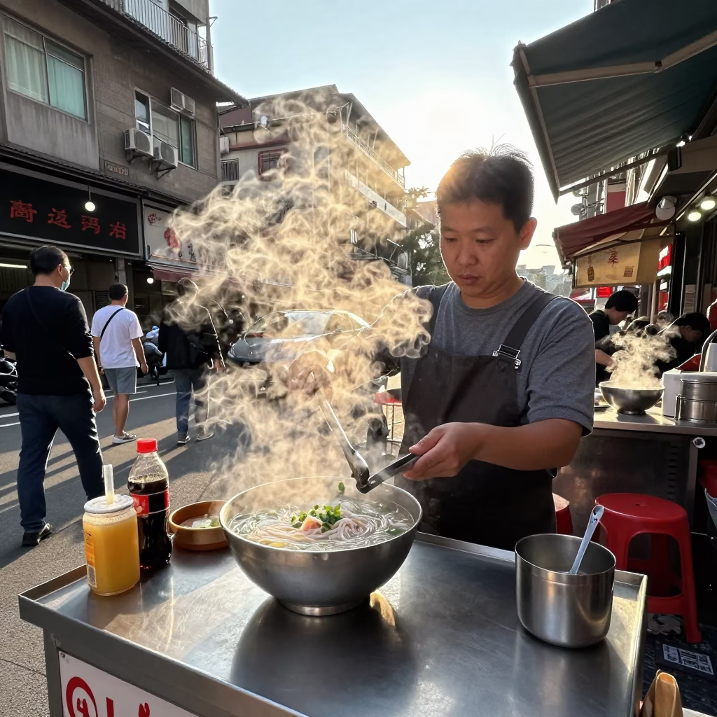 Taipei Street Food Vendor Steaming Pho in Clear Late Afternoon Light in in Taipei, Taiwan