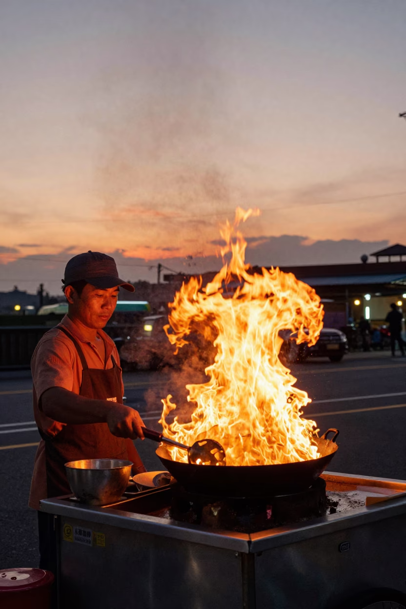 Taipei Street Food Vendor Wok Flames Rising at Dusk Near MRT Station in in Taipei, Taiwan