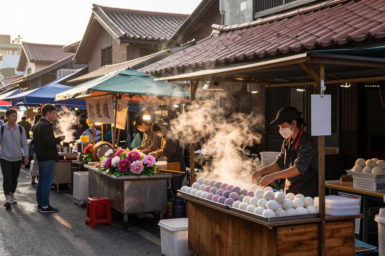 Taipei Street Market Morning with Peonies and Mochi Stalls Near Taipei 101 in in Taipei, Taiwan