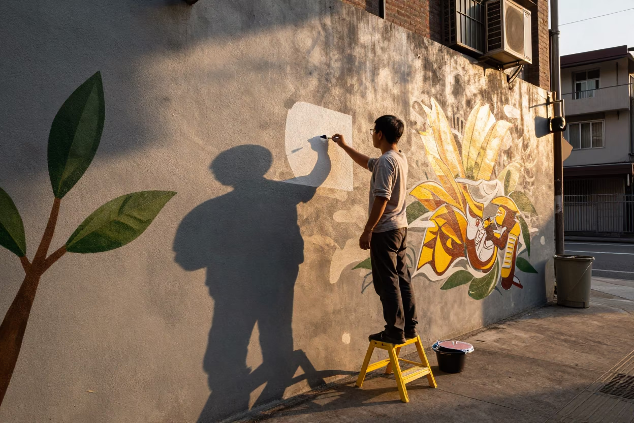 Taipei street mural artist painting during golden hour before sunset in Taiwan in in Taipei, Taiwan