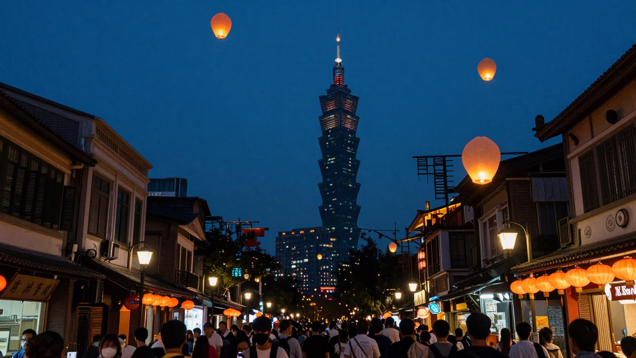 Taipei Street Night Lantern Festival Sky Lanterns Rising Blue Hour in in Taipei, Taiwan
