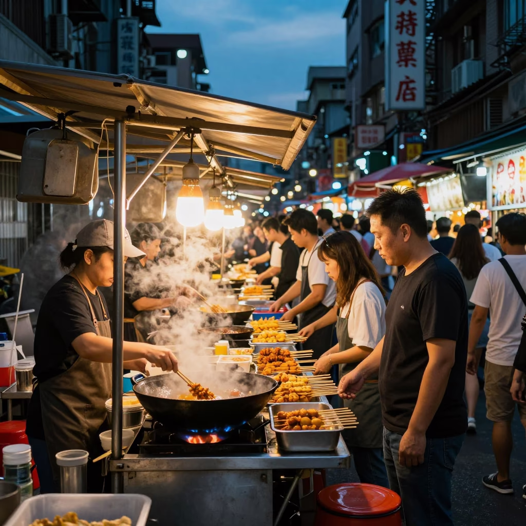 Taipei Street Night Market Food Stall Blue Hour Busy Crowd in in Taipei, Taiwan