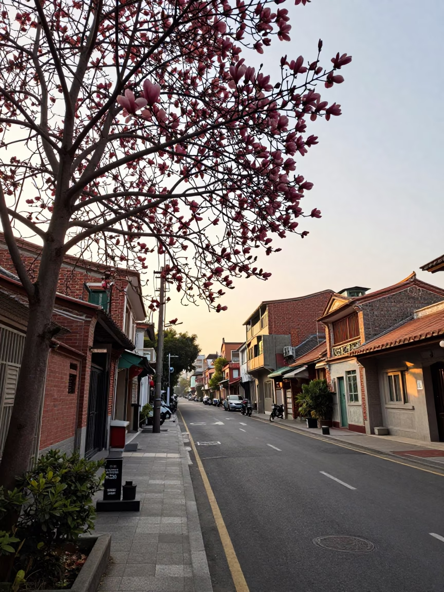 Taipei Street Scene After Sunrise with Blooming Magnolia and Local Vendor in in Taipei, Taiwan