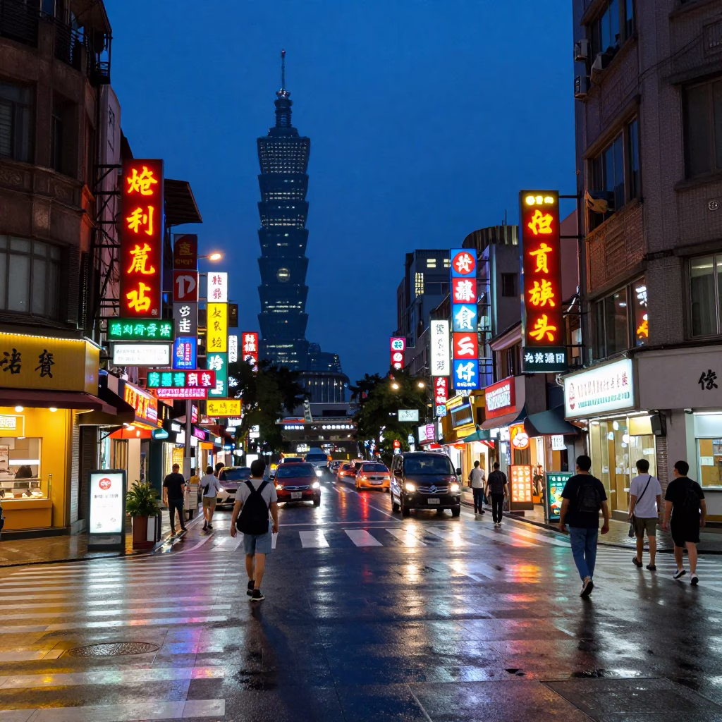 Taipei street scene at blue hour with neon lights and wet pavement in in Taipei, Taiwan