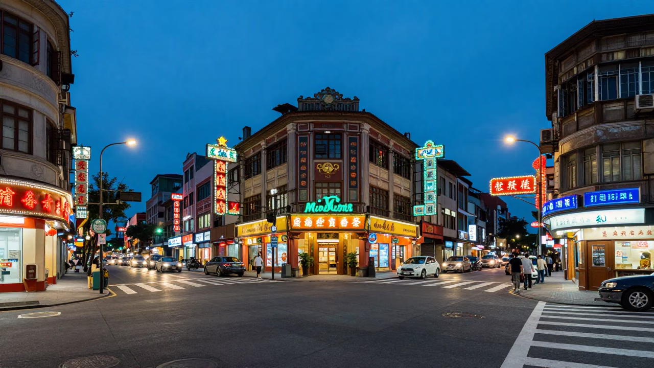 Taipei street scene at blue hour with vintage 1960s aesthetic and local details in in Taipei, Taiwan