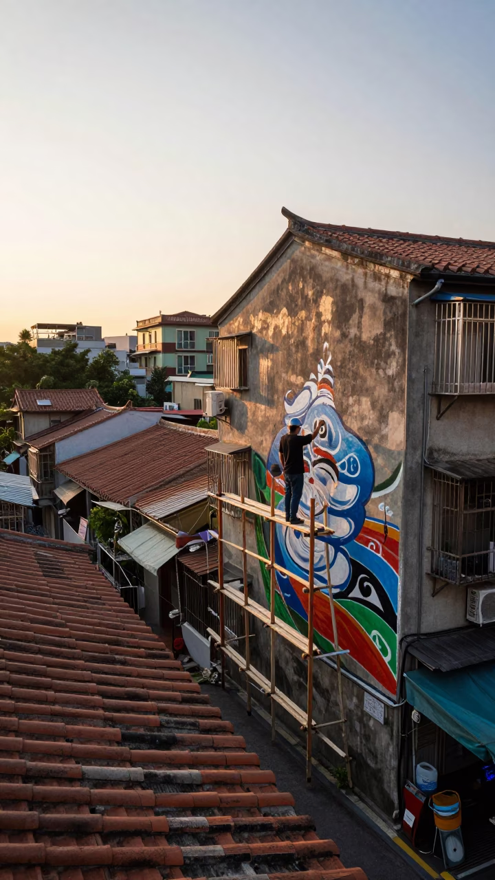 Taipei Street Scene at Dawn with Muralist Painting Sample Swatches on Scaffold Platform in in Taipei, Taiwan