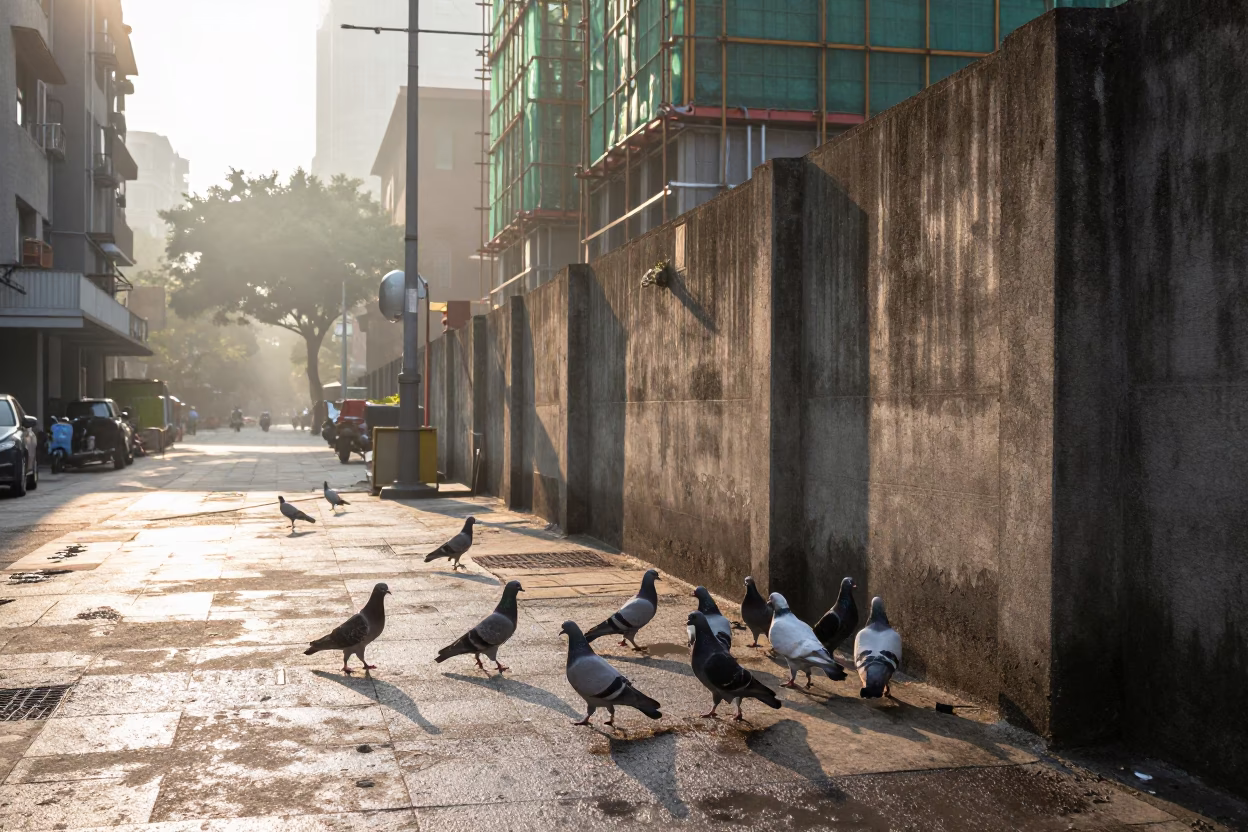 Taipei street scene at dawn with pigeons near construction site and traditional gate in in Taipei, Taiwan