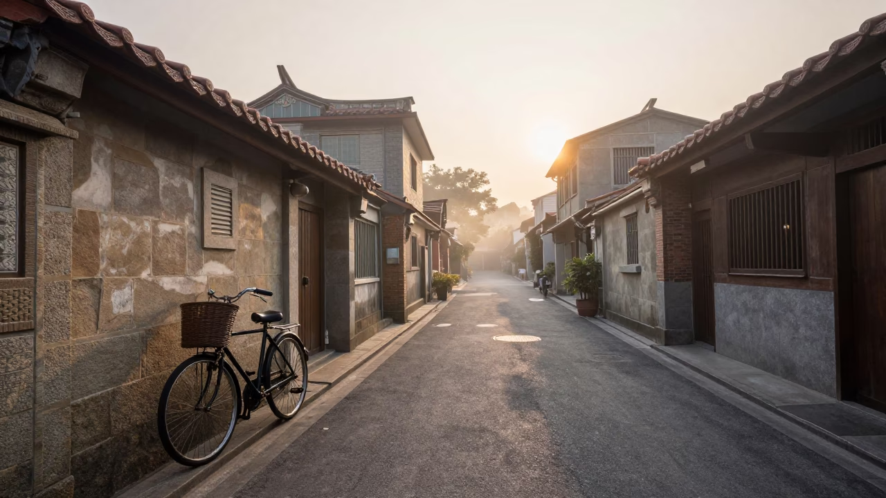 Taipei Street Scene at Dawn with Vintage Bicycle and Local Shopper in in Taipei, Taiwan