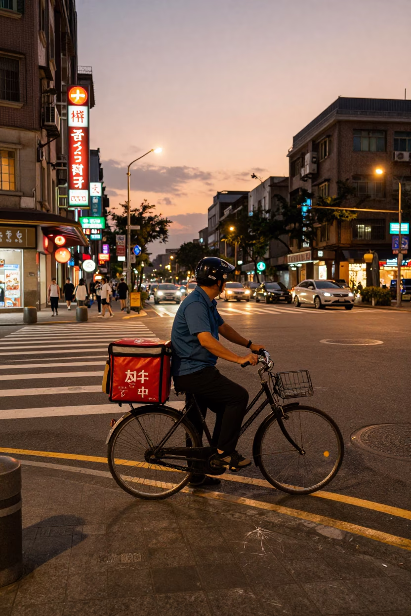 Taipei Street Scene at Dusk with Bicycle and Scratched Window Reflection in in Taipei, Taiwan