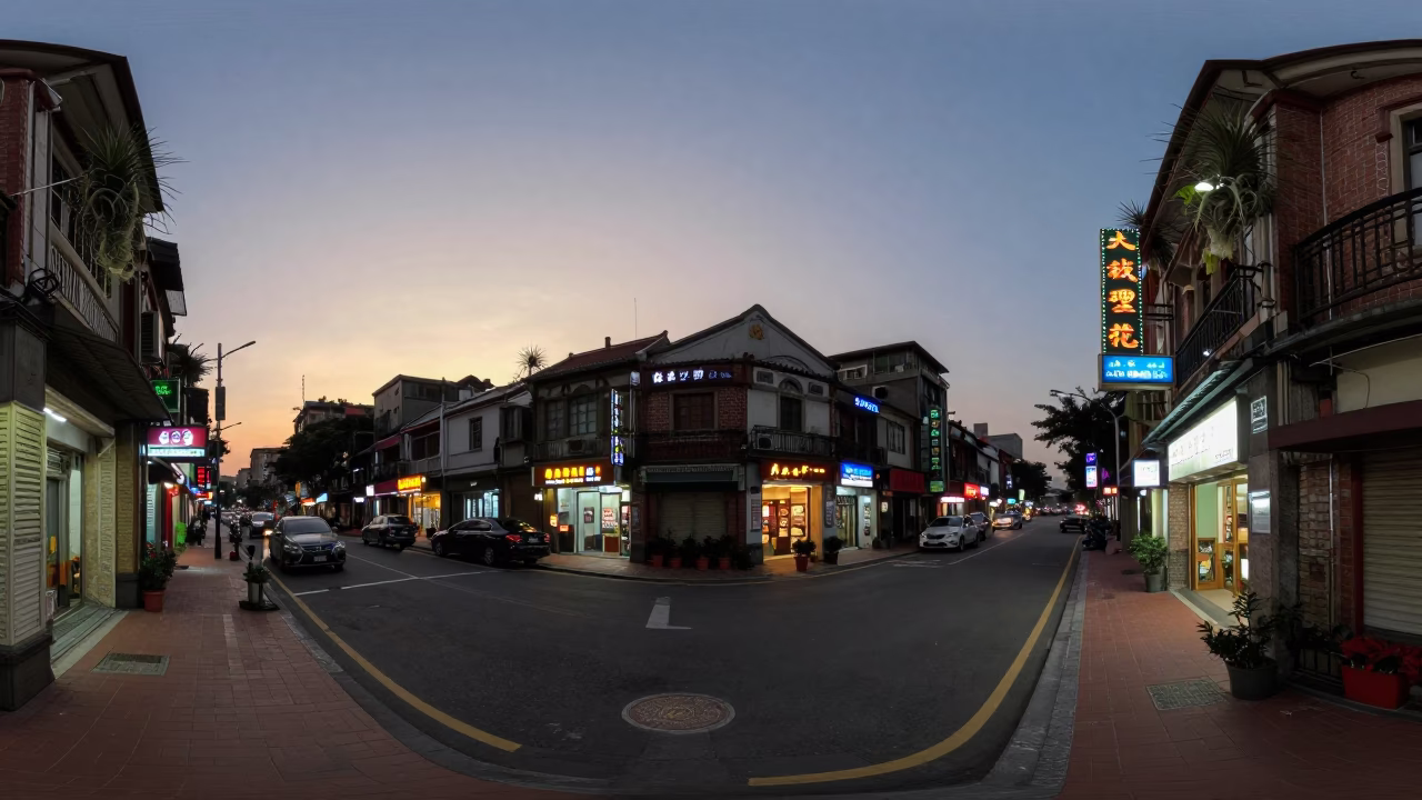 Taipei Street Scene at Dusk with Hanging Air Plants and Ginkgo Leaves in in Taipei, Taiwan