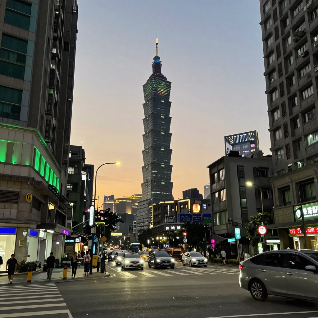 Taipei Street Scene at Dusk with Neon Signs and Evening Pedestrians in in Taipei, Taiwan