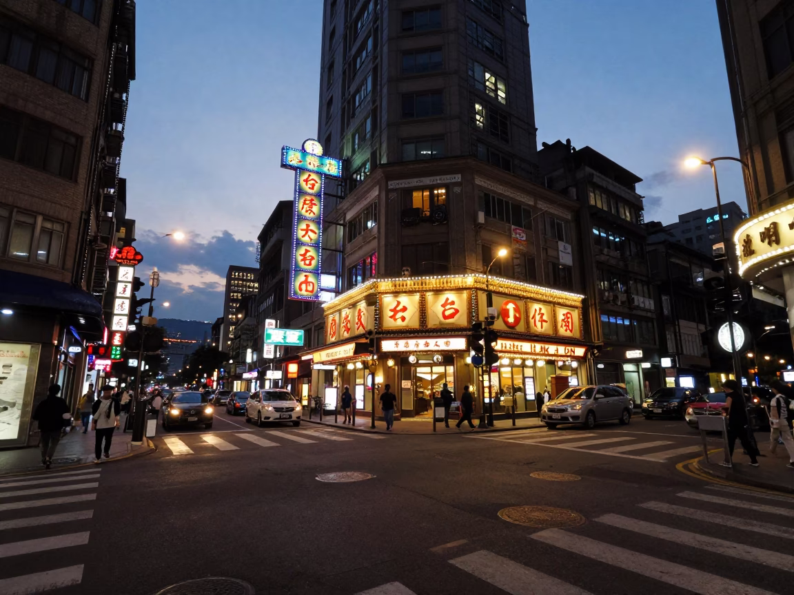 Taipei street scene at dusk with neon signs and glass tumblers in in Taipei, Taiwan