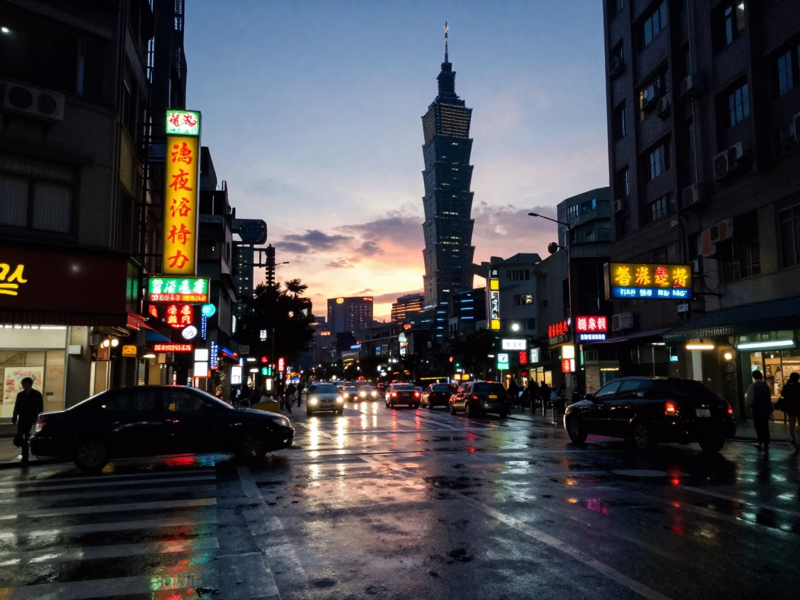 Taipei Street Scene at Dusk with Neon Signs and Wet Pavement Reflecting City Lights in in Taipei, Taiwan
