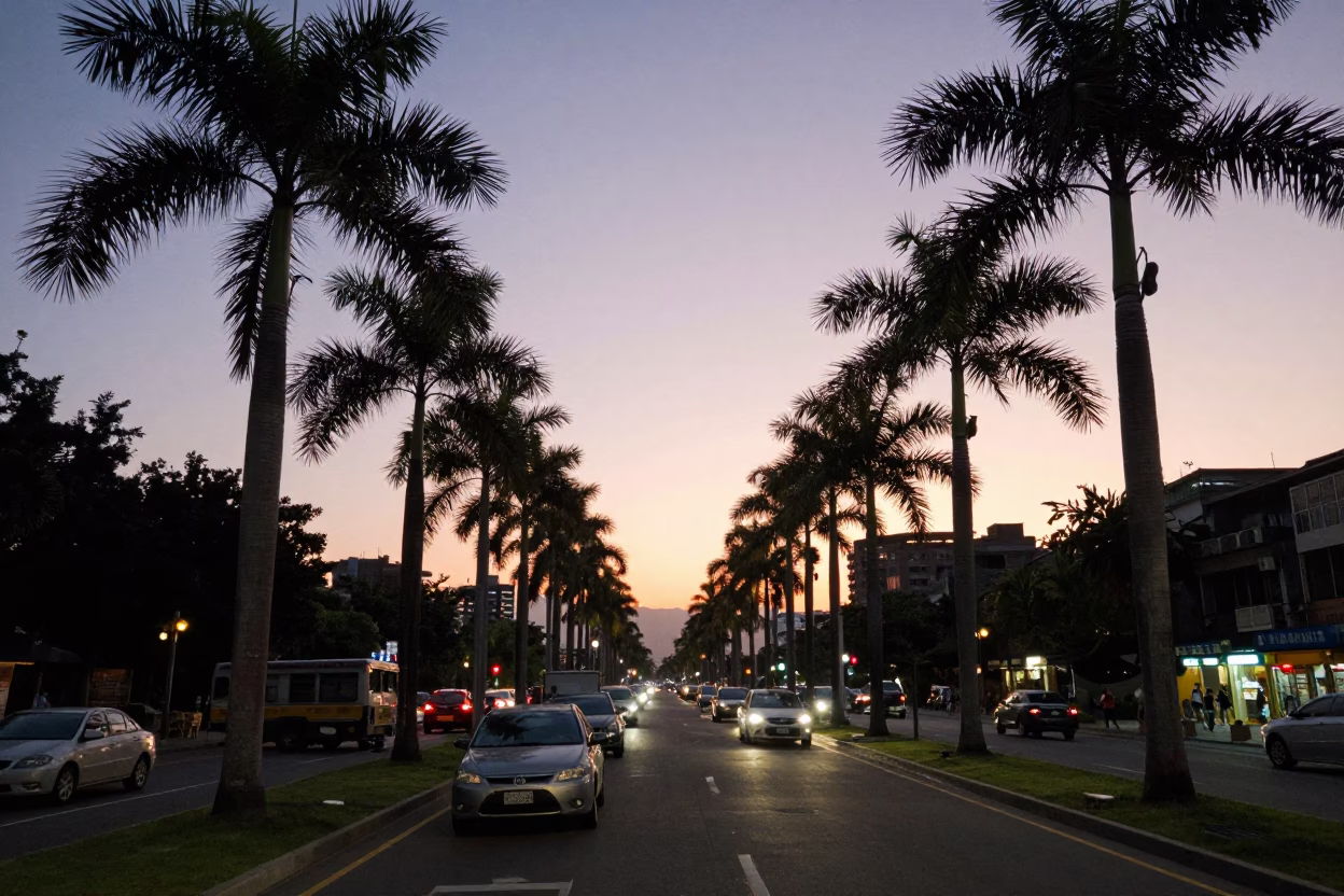 Taipei Street Scene at Dusk with Palm Trees and Traditional Signage in in Taipei, Taiwan